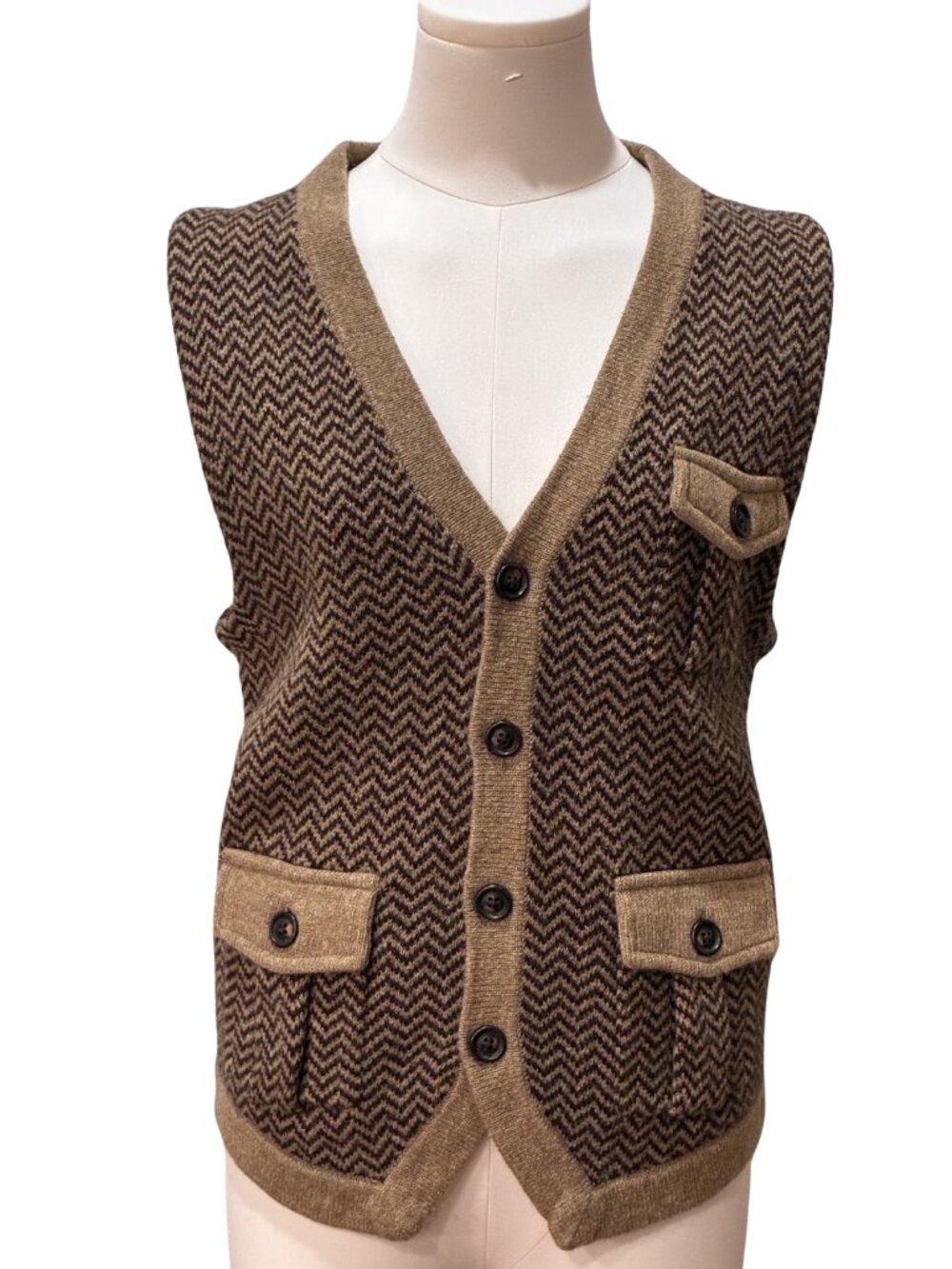 L.O.G.G. H&M  Brown Chevron Grandpa Core Knit Wool Sweater Vest Button Front S
